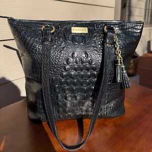 Brahmin Melbourne Croc Embossed Leather Tote Bag Black Tassel Shoulder Handbag